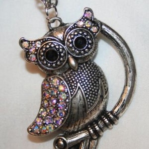 Sparkling Shiny Aurora Borealis Crystal Rhinestone Hoot Owl Bird Figural  Animal Silvertone Pendant Necklace