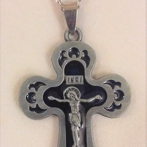 Handsome Greek Orthodox Black Finished Curved Arm Pewter Crucifix Cross Religious Devotional Necklace