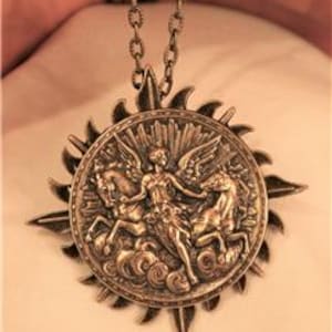 Striking Flaming Sunburst Brasstone Art Nouveau Goddess with Horses Pendant Necklace
