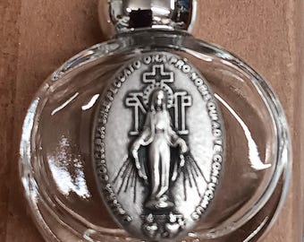Lovely Glass Slope-Shaped  Clear Miraculous Mary Immaculate Conception Screwtop Holy Water Bottle Perfume Cremains Vial