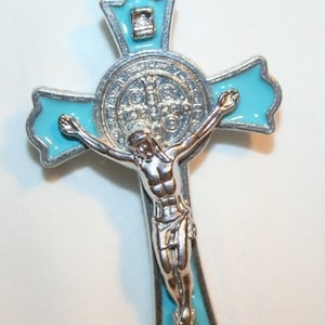 Striking Large Heavy Sculpted Light Blue Enameled St, Benedict Seal Religious Crucifix Cross Necklace