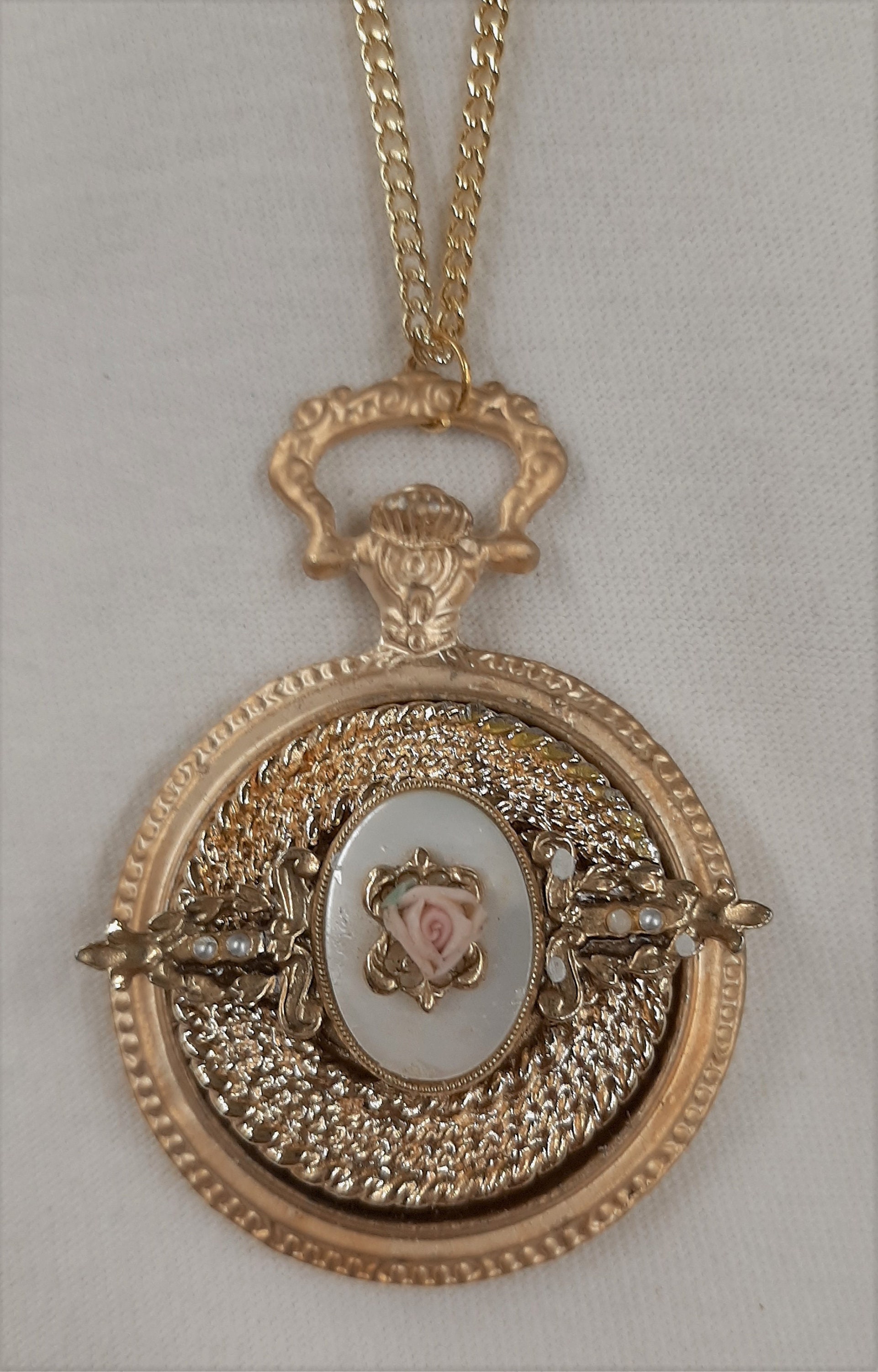 Vintage Watch Fob Mother of Pearl Oval Inset With Raised 