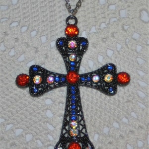 Large Crowned Filigreed Dark Silvertone Pectoral Cross Pendant Red Blue Aurora Borealis Rhinestones Christian Religious