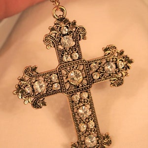 Striking Large Lacy Goldtone Sparkling White Rhinestone Pectoral Religious Cross Pendant Necklace