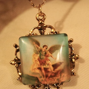 Handsome Filigree Maltese Cross St. Michael Archangel Cameo Goldtone Religious Medal Devotional Pendant Necklace