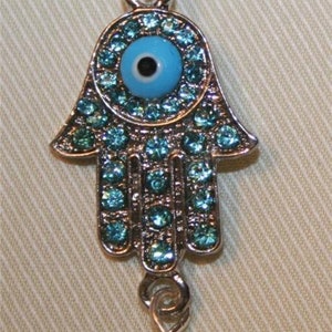Lovely Bright Blue Crystal Teardrop Beaded Hamsa Hamish Hand Protective Eye of God Silvertone Pendant Necklace
