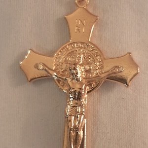 Handsome St. Benedict Seal Gold Stainless Steel Pectoral Crucifix Cross Necklace