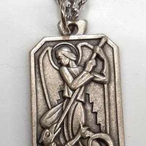 Handsome Stylized Rectangular 1970's Vintage St. Michael the Archangel Silvertone Medal Christian Devotional Necklace