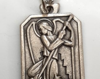 Handsome Stylized Rectangular 1970's Vintage St. Michael the Archangel Silvertone Medal Christian Devotional Necklace