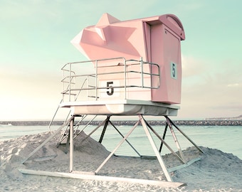 San Diego Photography, Pink and Mint Green, Lifeguard Tower, California Beach Art, Pastel Beach Decor, Vertical Print, Pink and Aqua Decor