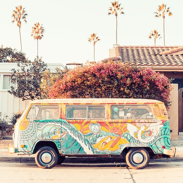 Beach Bus Photography, California Beach Print, Beach Van, San Diego Beach Art, Bohemian Home Art, Vertical Wall Art Print, Beach Van Photo