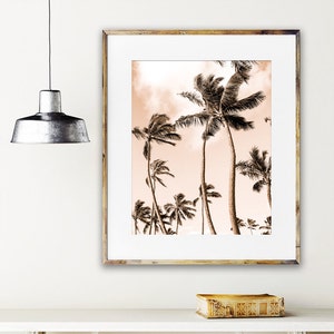 May include: A framed print of a sepia toned photograph of palm trees against a light pink sky.