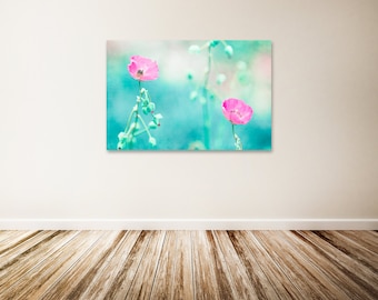 Flower Canvas Art, Aqua Wall Decor, Pink Flowers, Flower Photography, Girls Bedroom Wall Art, Floral Canvas Art - "Dancing Sisters"