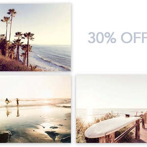 May include: A collage of three images featuring a beach scene with palm trees, a surfer walking on the beach, and a surfboard resting on a wooden railing. The text "30% OFF" is displayed in the center of the image.