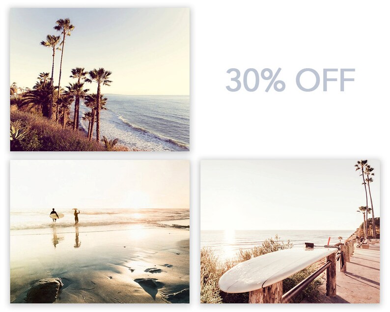 May include: A collage of three images featuring a beach scene with palm trees, a surfer walking on the beach, and a surfboard resting on a wooden railing. The text "30% OFF" is displayed in the center of the image.
