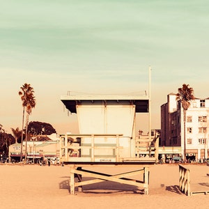 Venice Beach Sunset Print, California Wall Art, Lifeguard Tower, Los Angeles Photography, Venice Photography, Mint Green, Orange, Gold Decor