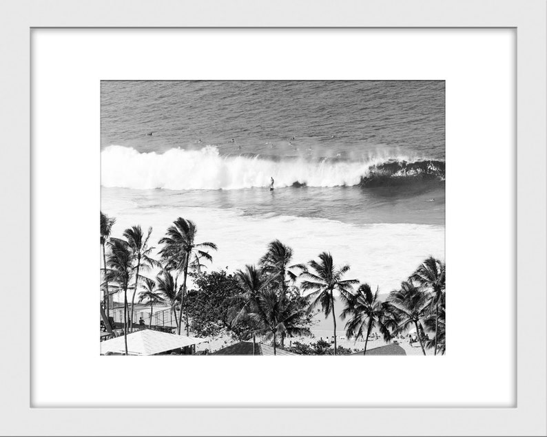 Black and White Surf Photo, Black and White Hawaiian Print, Palm Trees, Surfer, Vintage Surfing Poster, Hawaii Waves, Vintage Print image 2