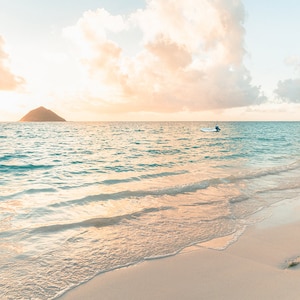 Aqua and Peach Beach, Seascape, Sunrise Photography, Hawaii Art, Calming Print, Beach Bathroom Decor, Soothing Beach Scene, Dreamy Art Print