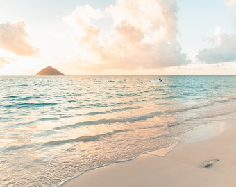 Aqua and Peach Beach, Seascape, Sunrise Photography, Hawaii Art, Calming Print, Beach Bathroom Decor, Soothing Beach Scene, Dreamy Art Print