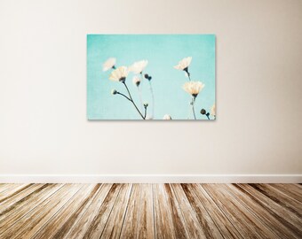 Aqua Canvas Art, Flower Canvas Wall Art, Yellow Flowers, Wildflowers, Nature Canvas Art - "Blowing in an Aqua Breeze"