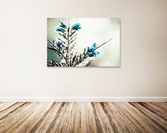 Blue Green Canvas Art, Flower Photography, Nature Wall Decor, Blue Flowers, Teal Decor, Nature Canvas Art - "Sapphire Tower"