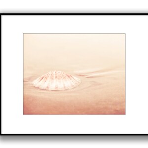 May include: A single seashell with a pink and white pattern sits on a light brown sandy beach. The shell is partially submerged in the sand, and the background is a soft, blurred beige.