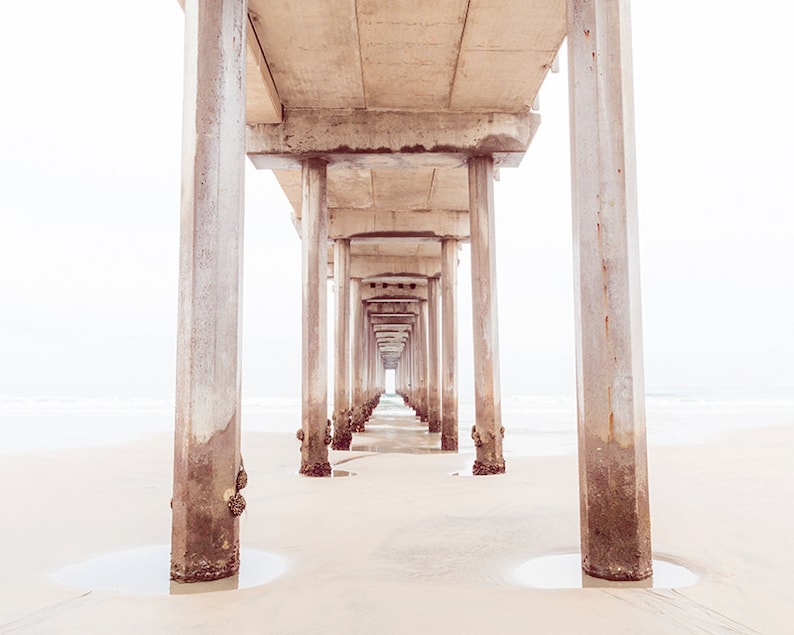 Minimalist Art, White Print, Neutral Beach Decor, Pier Photography, Cream, Wood Texture, Beach Photo, La Jolla Pier, Soft Neutral Decor image 1