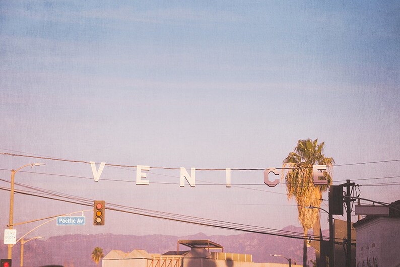 May include: A white sign with the word "VENICE" spelled out in large letters hangs from power lines against a pale pink sky. A palm tree stands in the foreground.
