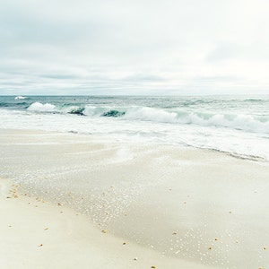 May include: A white sandy beach with foamy waves crashing on the shore. The sky is overcast and the water is a light blue.