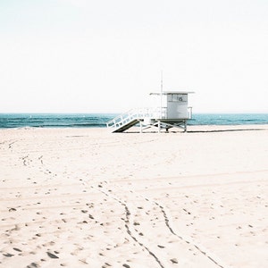 Santa Monica Beach Print, Los Angeles Beach Photography, Beige Decor, California Beach, Lifeguard Tower, Sand, Teal Water, Large Wall Art
