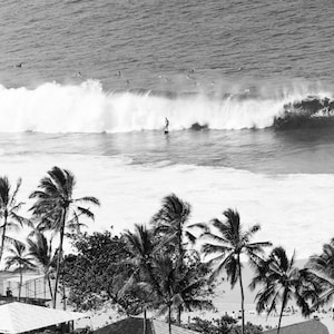 Black and White Surf Photo, Black and White Hawaiian Print, Palm Trees, Surfer, Vintage Surfing Poster, Hawaii Waves, Vintage Print image 1