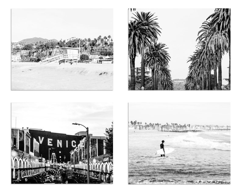 Print Set of 4, Los Angeles Prints, Black and White Print Set, Los Angeles Photography, Venice Beach, Santa Monica, Hollywood Sign image 1