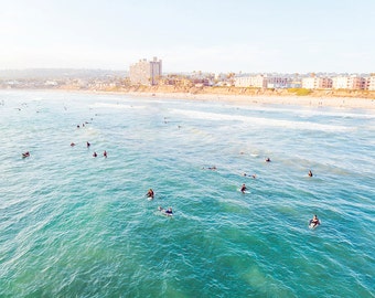 San Diego Photography, Pacific Beach Pier, Surfers, Large Wall Art, Large Beach Wall Art, San Diego Surf, Turquoise, Aqua Ocean Print