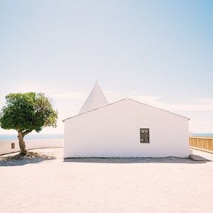 Travel Photography, Mediterranean Decor, Large Travel Wall Decor, Landscape Photography, Chapel, Blue, Ocean, Portugal, Travel Print
