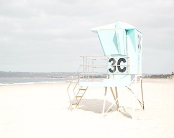 Beach Photography, Pastel Beach Decor, San Diego, California Beach Art, Lifeguard Tower, Aqua Wall Art, Coronado Beach, Aqua Beach Print