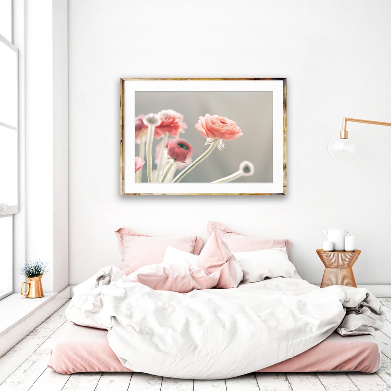 May include: A framed print of a bouquet of pink and white ranunculus flowers against a soft, light gray background.