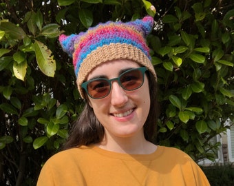 Cat ear beanie / cat hat / cute / feminine / red / blue / ombre yarn / handmade / crochet / tan / bobbles / pebble cat beanie / kitty