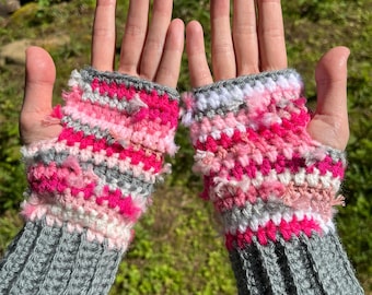 Pink and gray scrappy crochet handwarmers