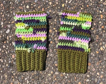 Scrappy handwarmers, fingerless gloves, scrap yarn, acrylic, crochet, handmade, low waste, yarn ends, cute, unique, patchwork, green, purple