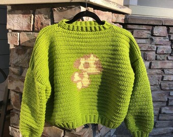SIZE SMALL: Green crochet mushroom sweater