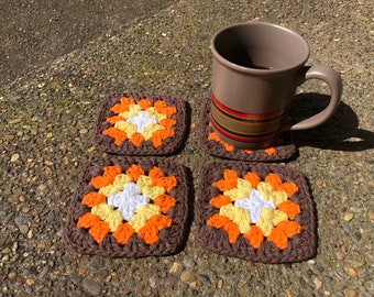100% COTTON: Retro crochet coasters / granny squares / handmade / scrap yarn / home decor / vintage style / 1970s / 70s / brown / orange
