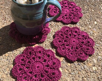 100% COTTON: Lace flower coasters, crochet, retro style, 60s, 70s, mandala, floral, desk decor, natural fibers, cotton yarn, handmade, pink