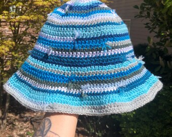 Distressed bucket hat, sun, floppy, visor, brim, yarn ends, patchwork, blue, lightweight, handmade, crochet, acrylic, summer, beach, market