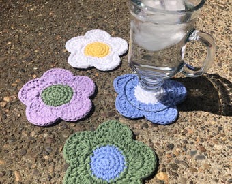 100% cotton pastel daisy coasters, crochet, handmade, floral, cute, y2k home decor, natural fibers, 2000s core, preppy, desk, dorm, spring