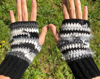 Crochet hand warmers, scrap yarn, patchwork, fingerless, texting gloves, handmade, black, grey, white, wool, acrylic, unique, sustainable