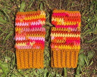 Scrappy handwarmers, scrap yarn, acrylic, crochet, handmade, low waste, yarn ends, yellow, pink, orange, cute, unique, patchwork