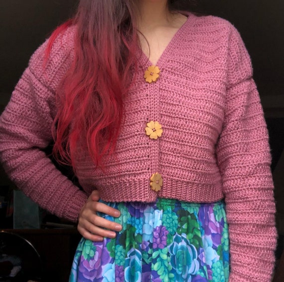 SIZE S M Crochet Cardigan Pink Purple Orchid Flowers
