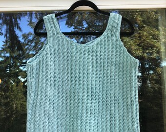 SIZE LARGE: Crochet tank / shirt / handmade / light blue / summer / cotton / slow fashion / thick strap / scoop neck / ribbed top