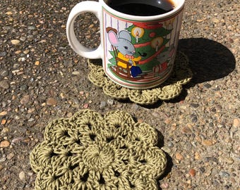 100% cotton lace flower coasters, crochet, retro style, 1960s, 1970s, mandala, floral, desk decor, natural fibers, handmade, green, olive