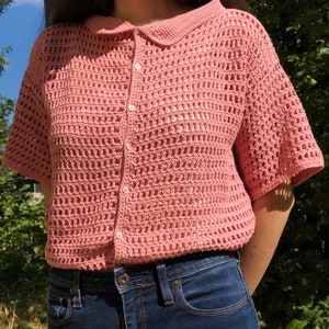 SIZE MEDIUM: Crochet mesh top, button up, collared, polo shirt, dusty pink, short sleeve, organic cotton, handmade, gender neutral, casual image 7